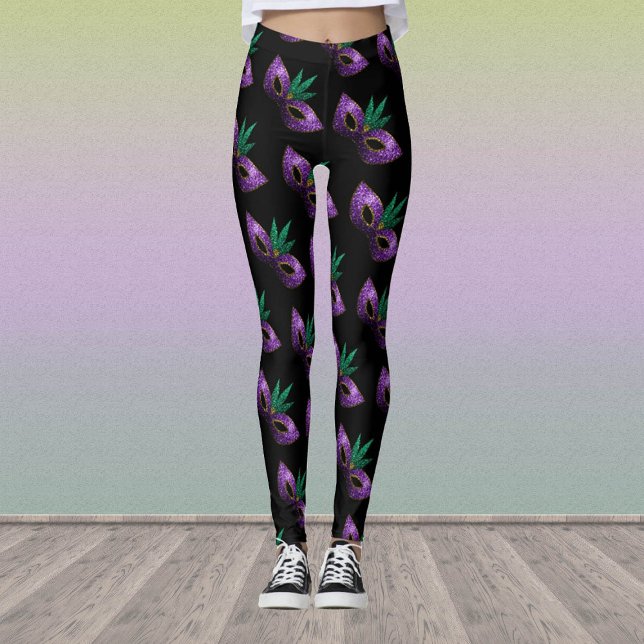Legging Mardi Gras Mask Purple Green Esparcial preto (Criador carregado)