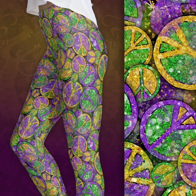 Legging Mardi Gras Peace Signs in Purple Green and Gold (Close-up of design on Mardi Gras tossed peace sign leggings.)
