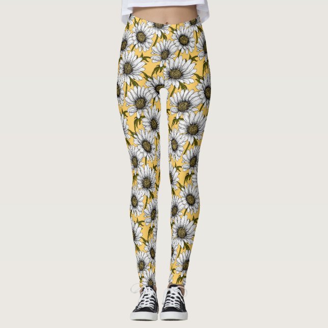 Legging Margaridas brancas, flores silvestres em amarelo (Frente)