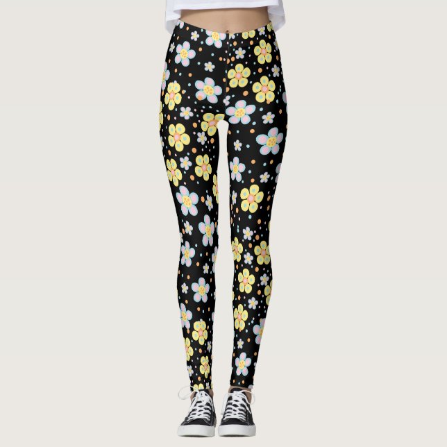 Legging Margaridas em Flor. Fundo Preto Amarelo e Rosa (Frente)