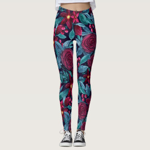 Legging Marinho Elegante Borgonha de Natal Floral