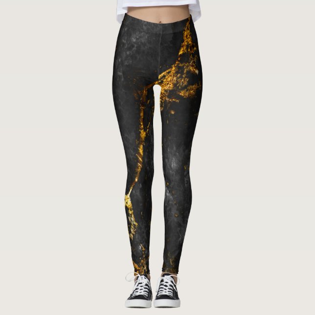 Legging Mármaco Dourado Negro, Padrão Natural. (Frente)