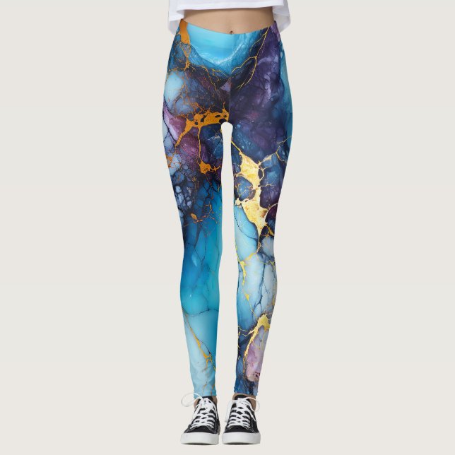 Legging Mármore Azul e Âmula com Veias Douradas (Frente)