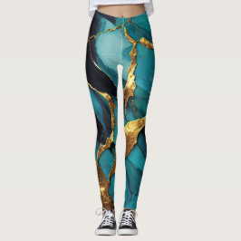 Legging Mármore Azul Teal Profundo com Veias de Ouro Ousad