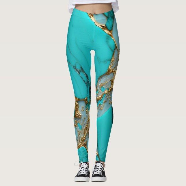 Legging Mármore Turquesa com Veias Douradas (Frente)