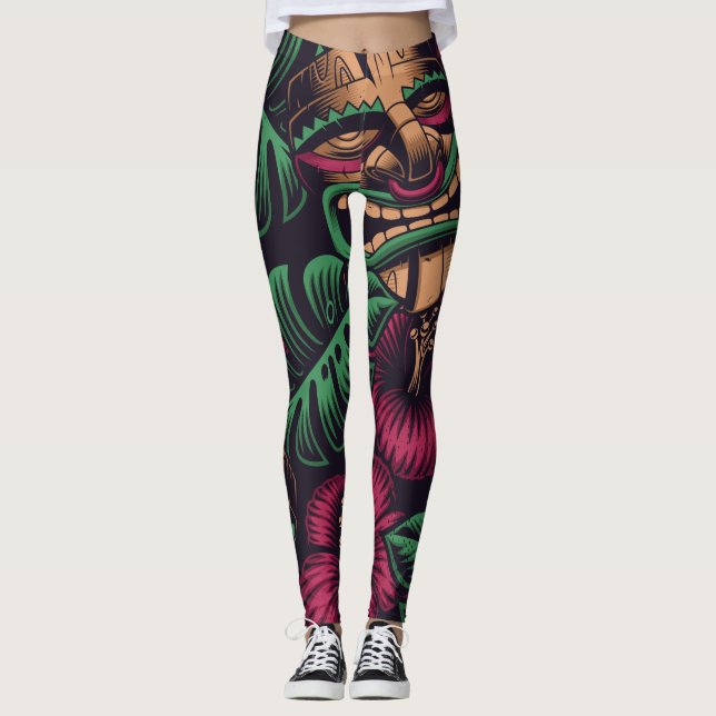 Legging Máscara de tiki escuro e flor de hibisco (Frente)