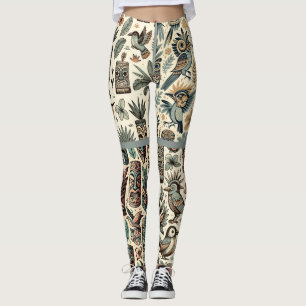 Legging Máscaras e Pássaros Tiki Tropicais Vintage Cinza V