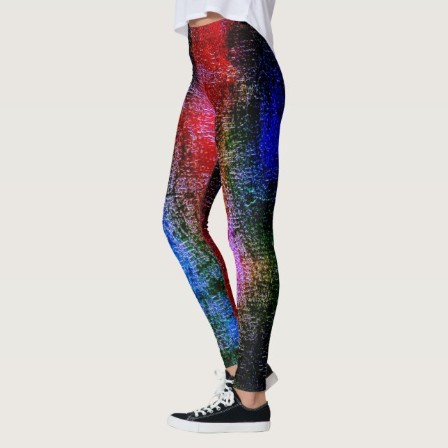 Legging Material vermelho e azul esfolado com "tinta a óle (Esquerda)