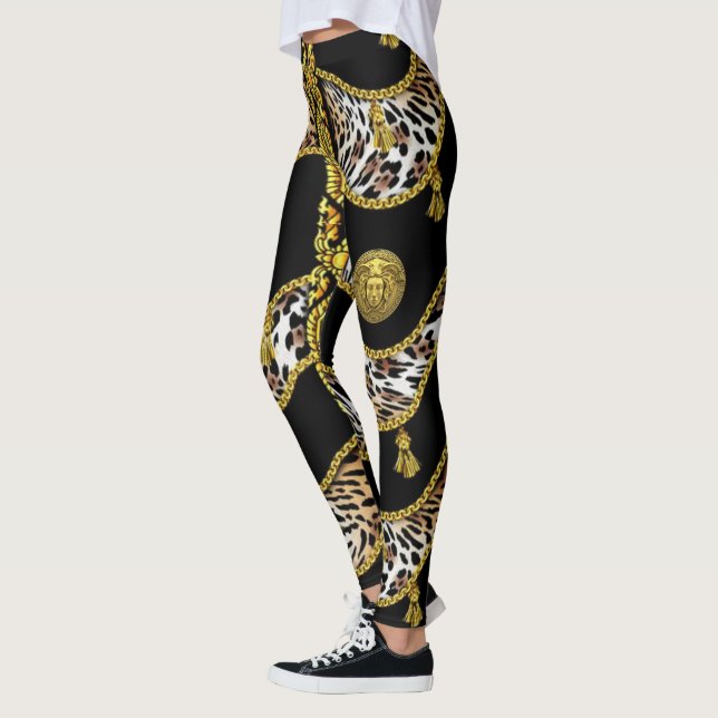 Legging Medusa Exótica Leopardo e Dourado Tassel Preto (Esquerda)