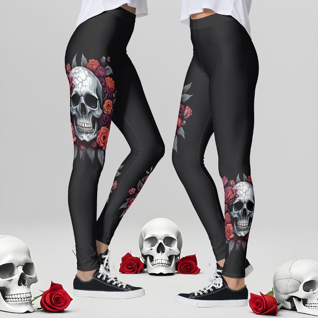 Legging Meia-calça gótica de Halloween com caveira e rosas (🌹 Chic Style in Darkness: Gothic Halloween Leggings! 👻)