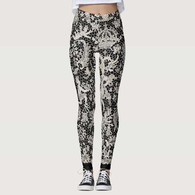 LEGGING MEIAS DE COMPRIMENTO ANTIGO PADRÃO DE RENDAS PRETA (Frente)