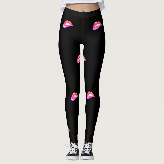Legging Menina bonito, Lábios Rosa, Preto (Frente)