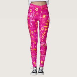 Legging Meninas personalizadas amarelas cor-de-rosa nome d