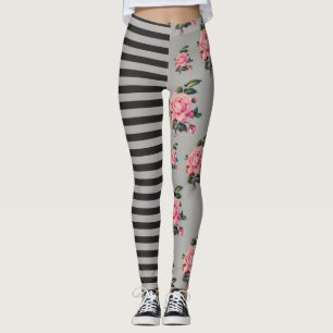 Legging Metade e meia listra e rosa florais