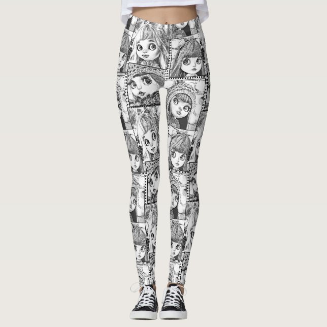Legging Minhas bonecas pretas e brancas pretas (Frente)