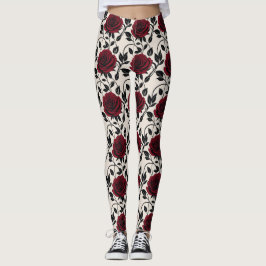 Legging Minimalist Roses In Black And Deep Red On A Cream 
