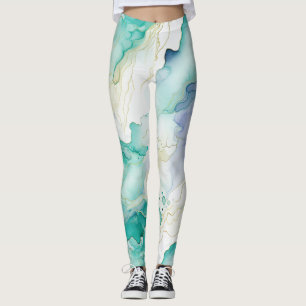 Legging Mint Aqua Blue Ink Marble