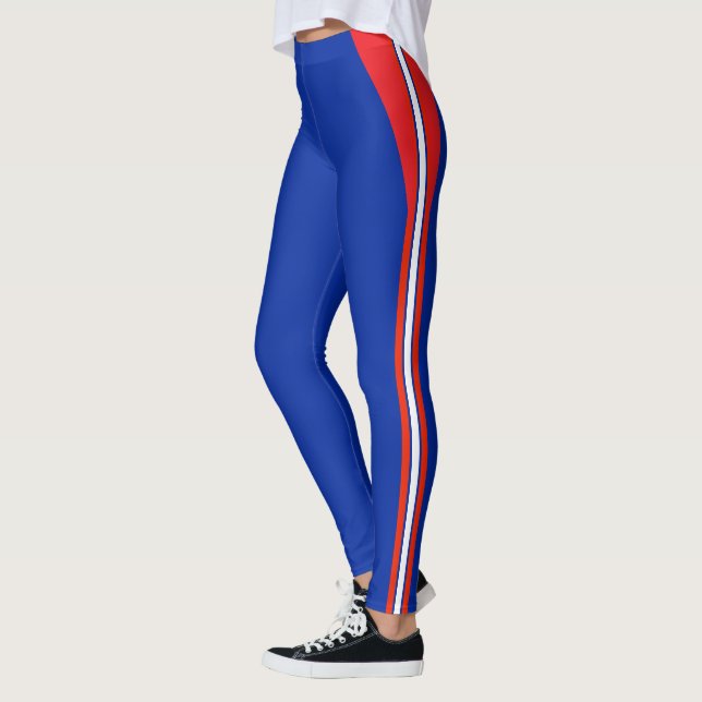 Legging Moda Azul, Listrado Branco Vermelho (Esquerda)