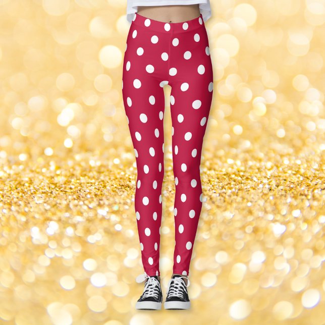 Legging Moda do Padrão do Crimson Vermelho Retrópico (Retro Chic Crimson Red Polka Dots Pattern Fashion Leggings)