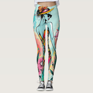 Legging Moda Pop Art Garota Floral de Verão Ousado Yoga