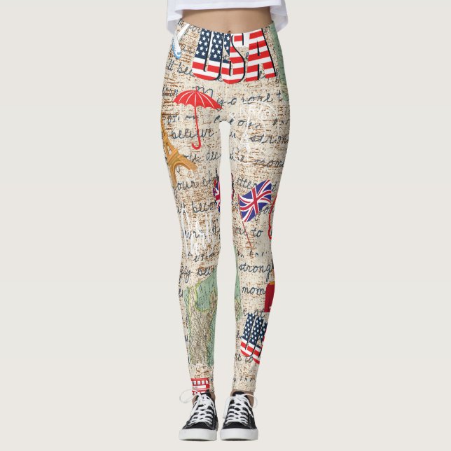 Legging Moda Única dos Estados Unidos Mapas e textos rústi (Frente)