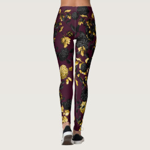 Legging Moderna Vintage Black White Dourada Maroon Floral 
