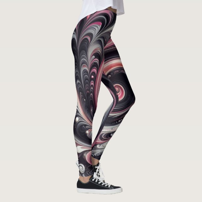 Legging Moderno Abstrato com Redemoinhos Rosa, Preto e Bra (Direita)