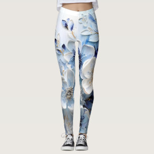 Legging Moderno Botânico Floral Azul Branco Elegante