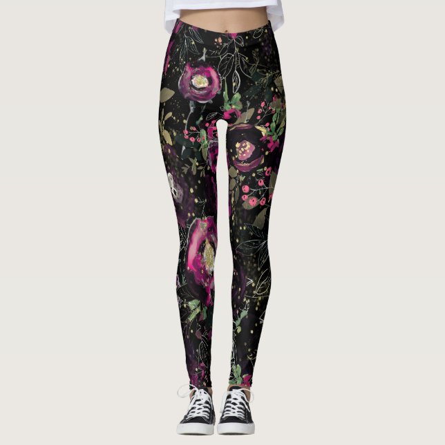 Legging Moderno Floral de Ameixa Fruta Escuro com Brilho e (Frente)