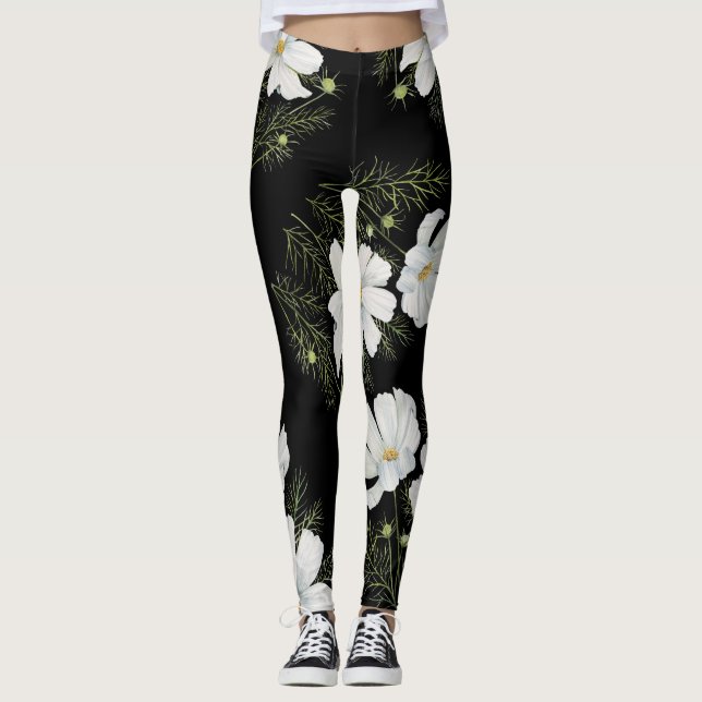 Legging Mola-d-água Branca de Cosmos Flores Botânicas (Frente)