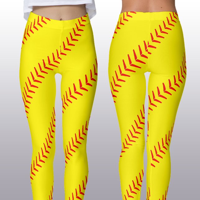 Legging Molas de Softball Amarelo-Brilhante (Costuras) (Bright yellow fastpitich softball leggins with red seams for softball players and fans.)