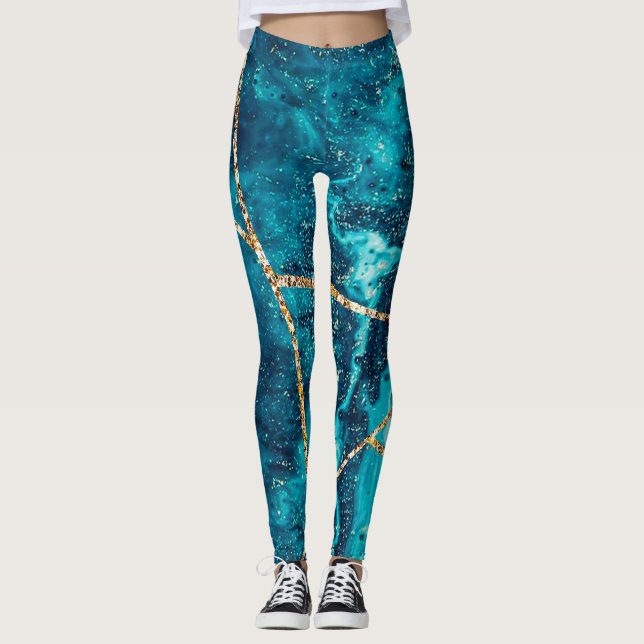 Legging Monograma Chic do Geode do Agate Dourado Azul do M (Frente)