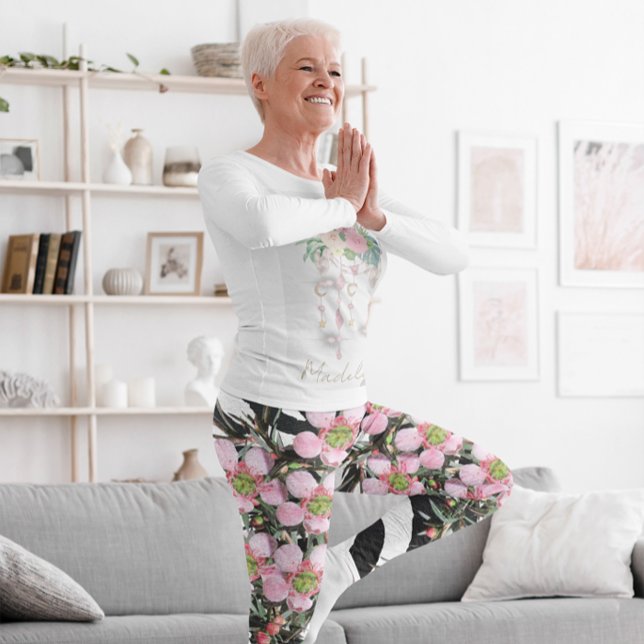 Legging Monograma do padrão branco preto-rosa com tendênci (Criador carregado)