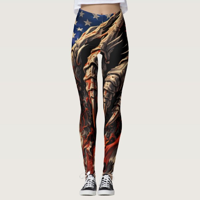 Legging Monstro Feroz Rasgando a Arte da Bandeira American (Frente)