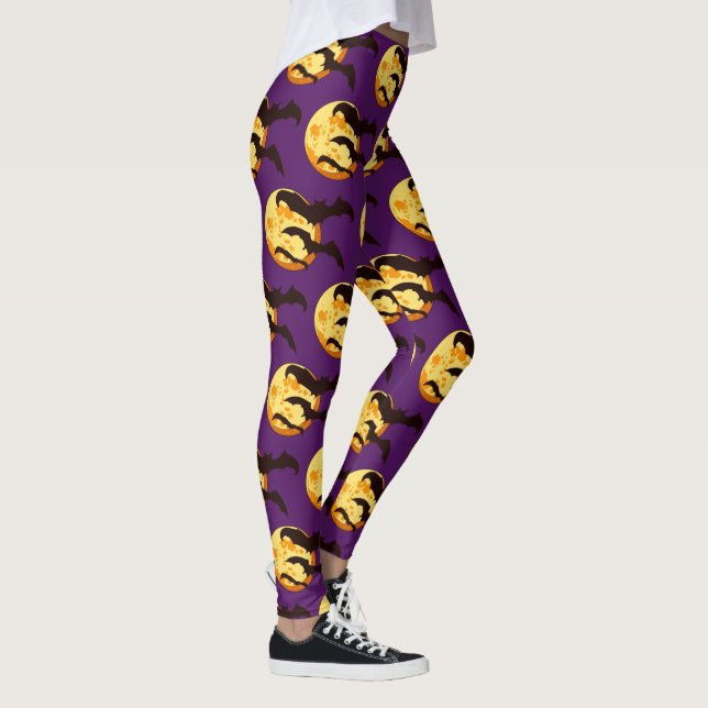 Legging Moon Flying Bats Cute Halloween Laranja e Roxo (Direita)