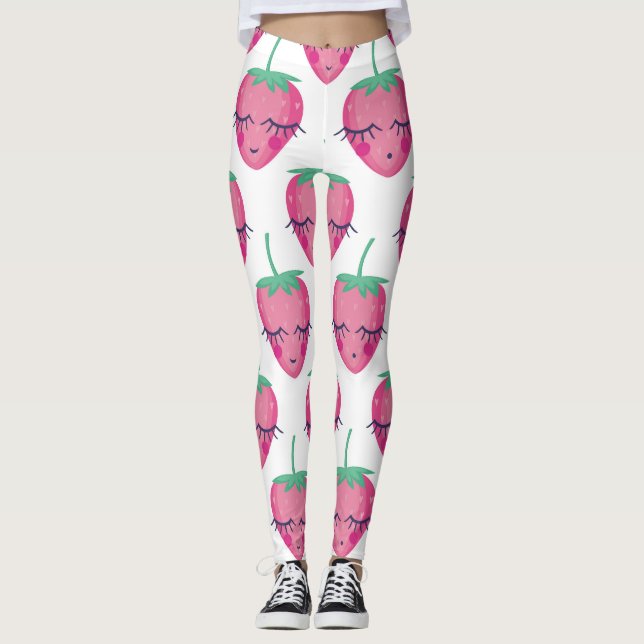 Legging Morangos adormecidos sorrindo, padrão fofo. (Frente)