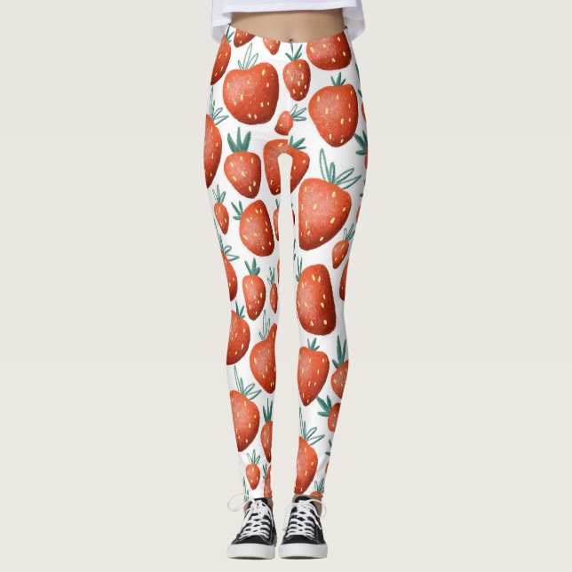 Legging Morangos Vermelhos Fundo Branco Sem Costura (Frente)