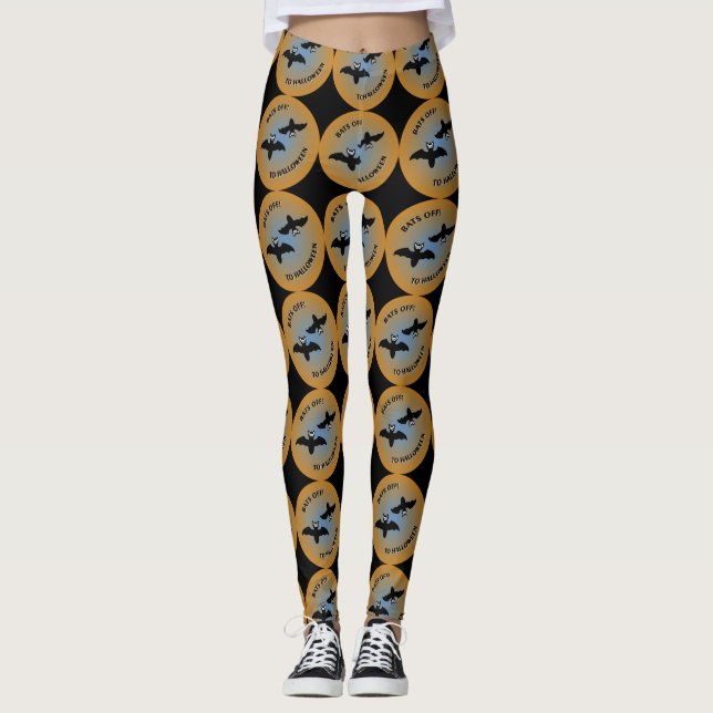 Legging Morcegos de Halloween, Azul Laranja (Frente)
