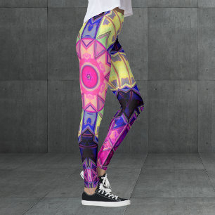 Legging Mosaico Caleidoscópio Flor Rosa Amarelo e Azul