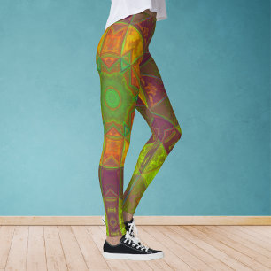 Legging Mosaico Caleidoscópio Flor Verde Roxo e Laranja
