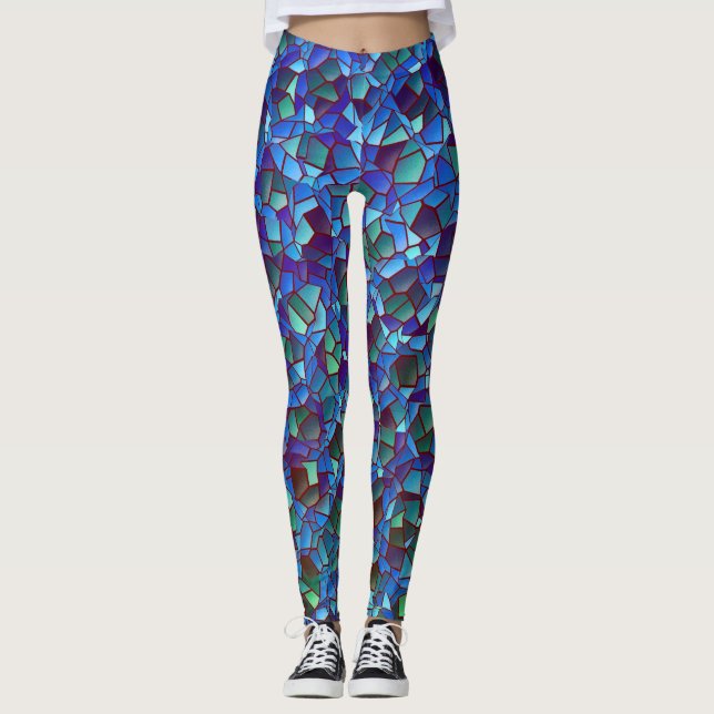 Legging Mosaico, de azul lilás fumado ou salgado e verde (Frente)