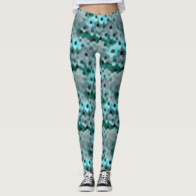 Legging Mosaico de hexágonos ou cubos em tons cianos para  (Frente)