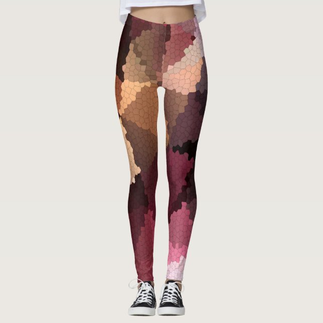 Legging Mosaico em cores castanho-rosa e amarela (Frente)