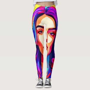 Legging Mulher Colorida Vibrante Face em Expressão Artísti