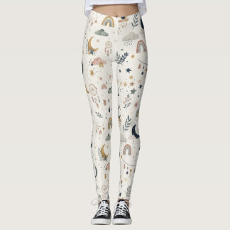 Legging Mulheres Boho Celestiais| Lua Estrelas Neutras