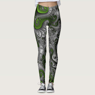 Legging Mundo de fantasia verde e cinza arte fractal abstr