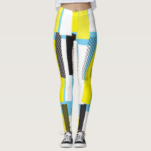 Legging Música de jazz, padrão geométrico azul-amarelo.