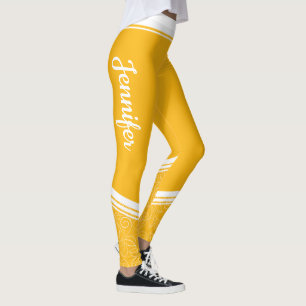 Legging Na moda amarelo escuro listras brancas florais e n