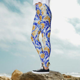 Legging Na moda Azul Amarelo Sunflower Arabesque Watercolo