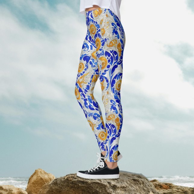 Legging Na moda Azul Amarelo Sunflower Arabesque Watercolo (Criador carregado)